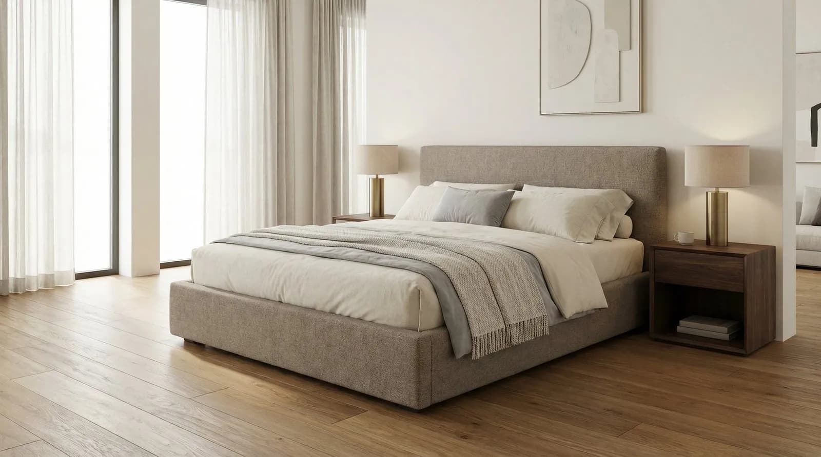 Upholstered bed in a calm bedroom setting