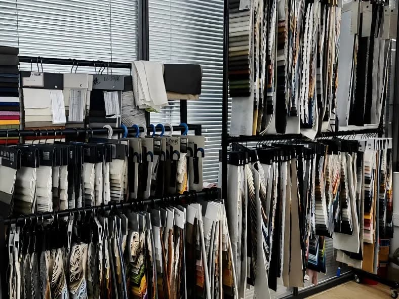 Racks of upholstery fabric swatch books in a range of colours and weaves