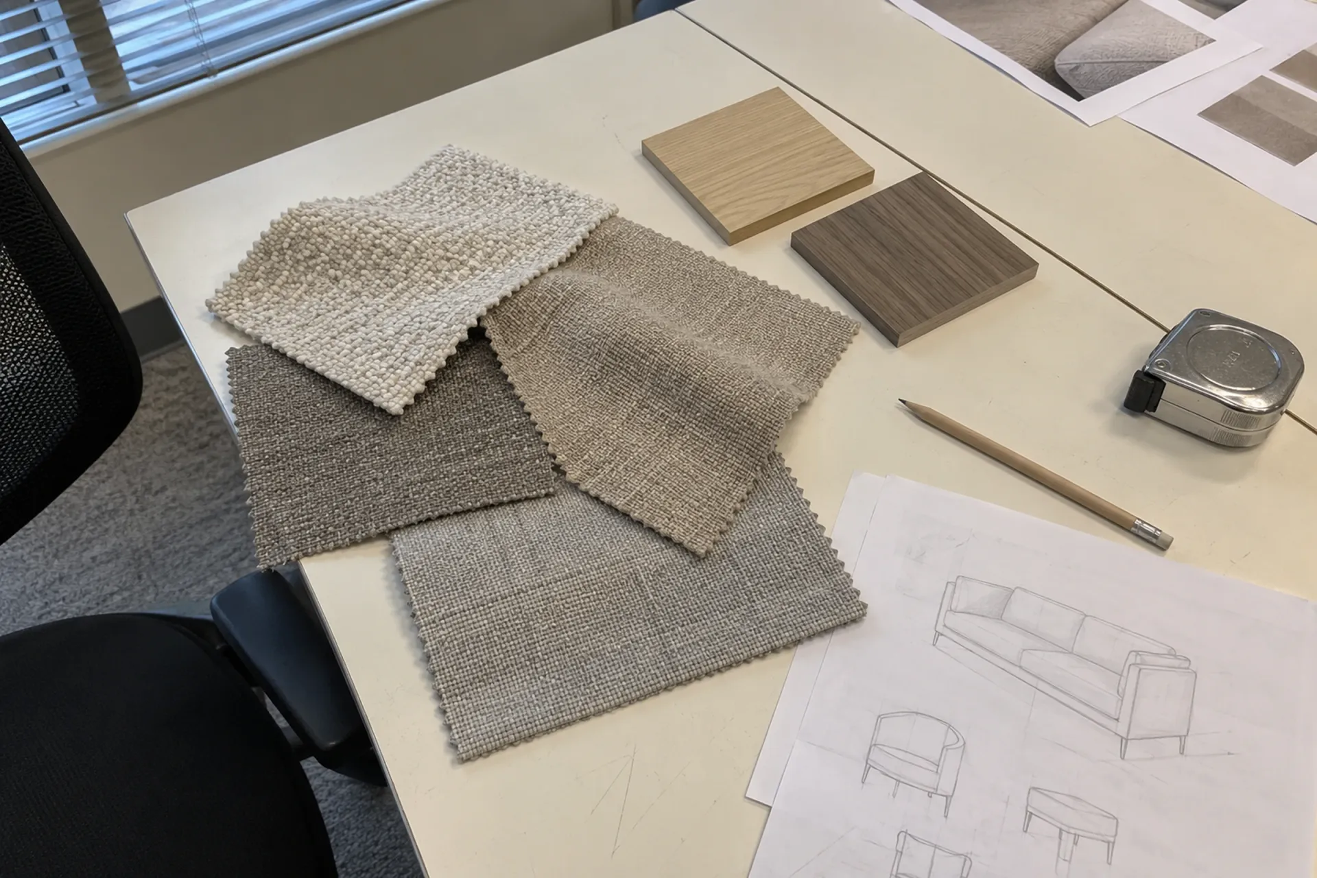 Fabric swatches, wood finish samples and furniture sketches on a sampling review table