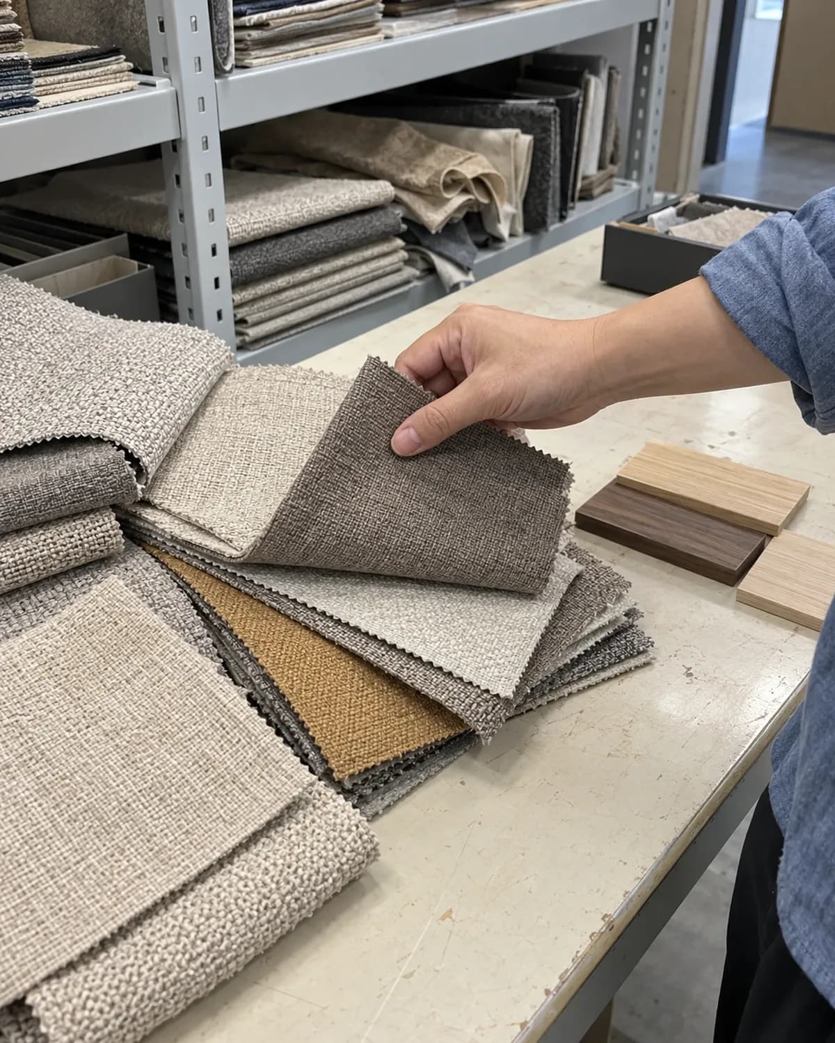 A hand arranging upholstery fabric swatches on a materials table