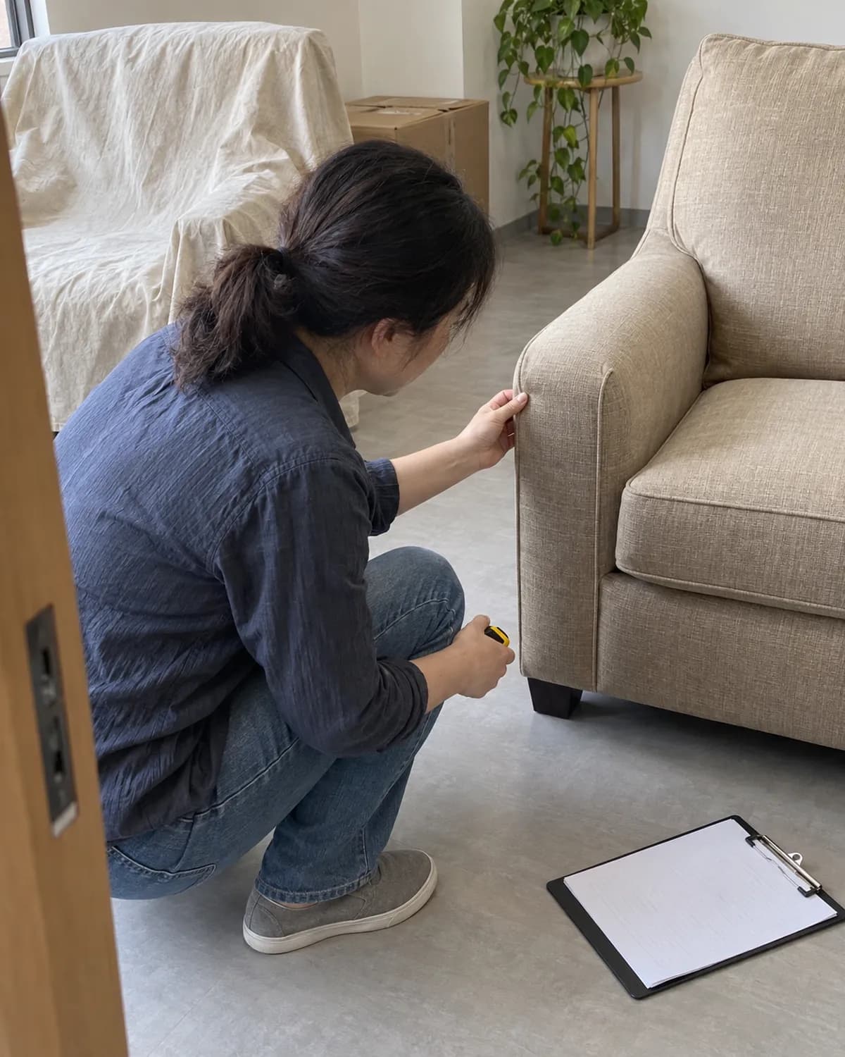 A colleague measuring an upholstered armchair sample with a tape measure