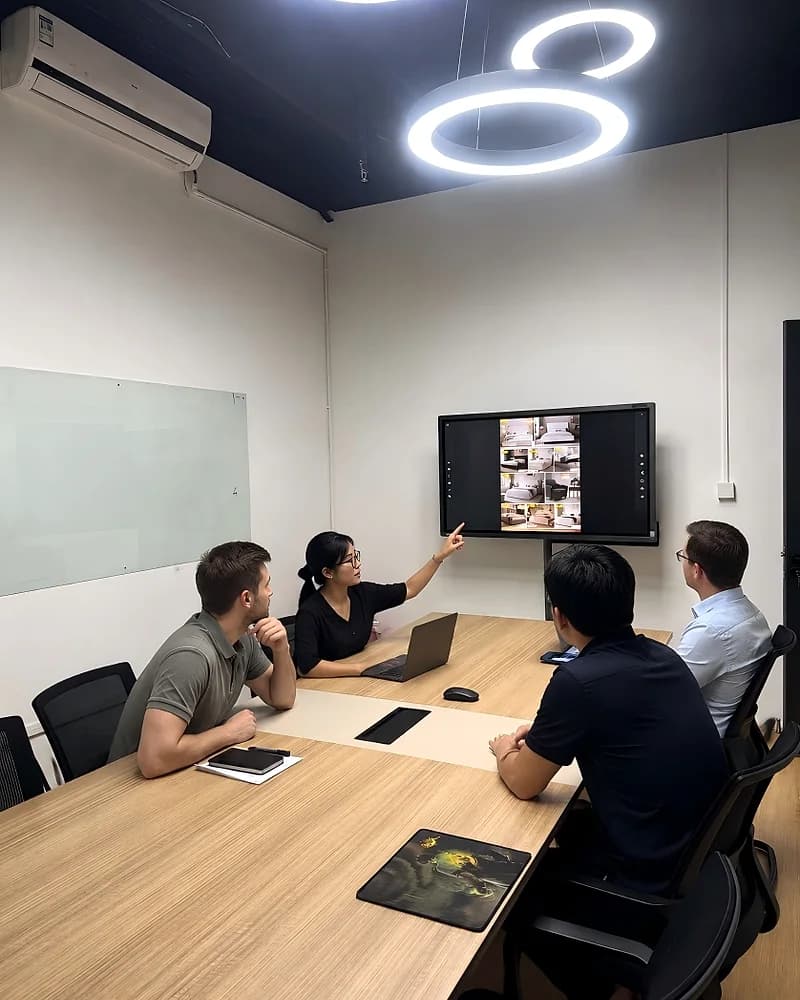 Meeting room at the CasaViva Selection Studio, with upholstered bed designs on screen